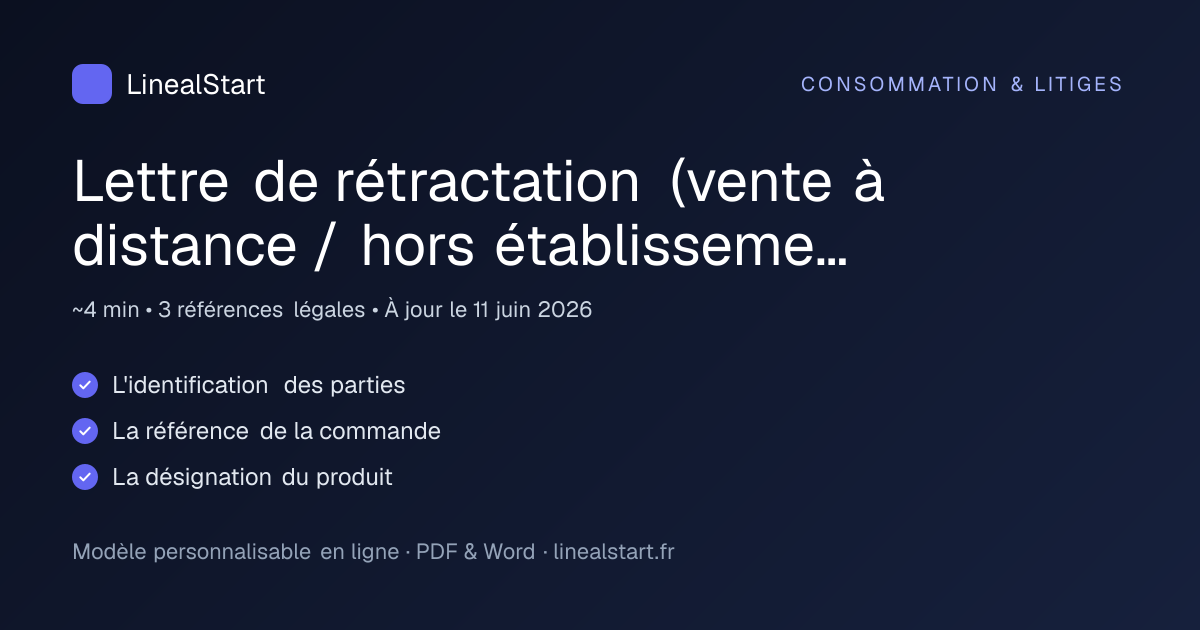 Infographie : Lettre de rétractation (vente à distance / hors établissement) — points clés, durée de personnalisation et nombre de références juridiques