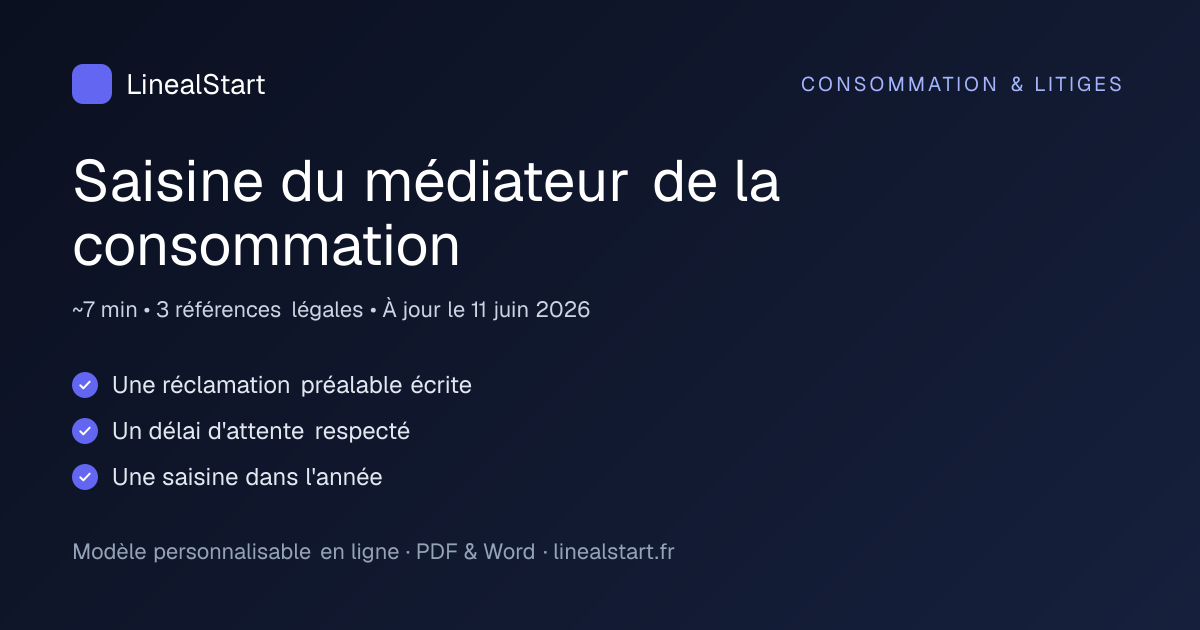 Infographie : Saisine du médiateur de la consommation — points clés, durée de personnalisation et nombre de références juridiques