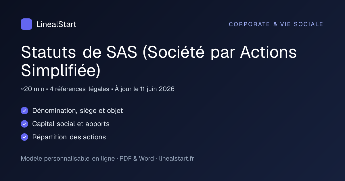 Infographie : Statuts de SAS (Société par Actions Simplifiée) — points clés, durée de personnalisation et nombre de références juridiques