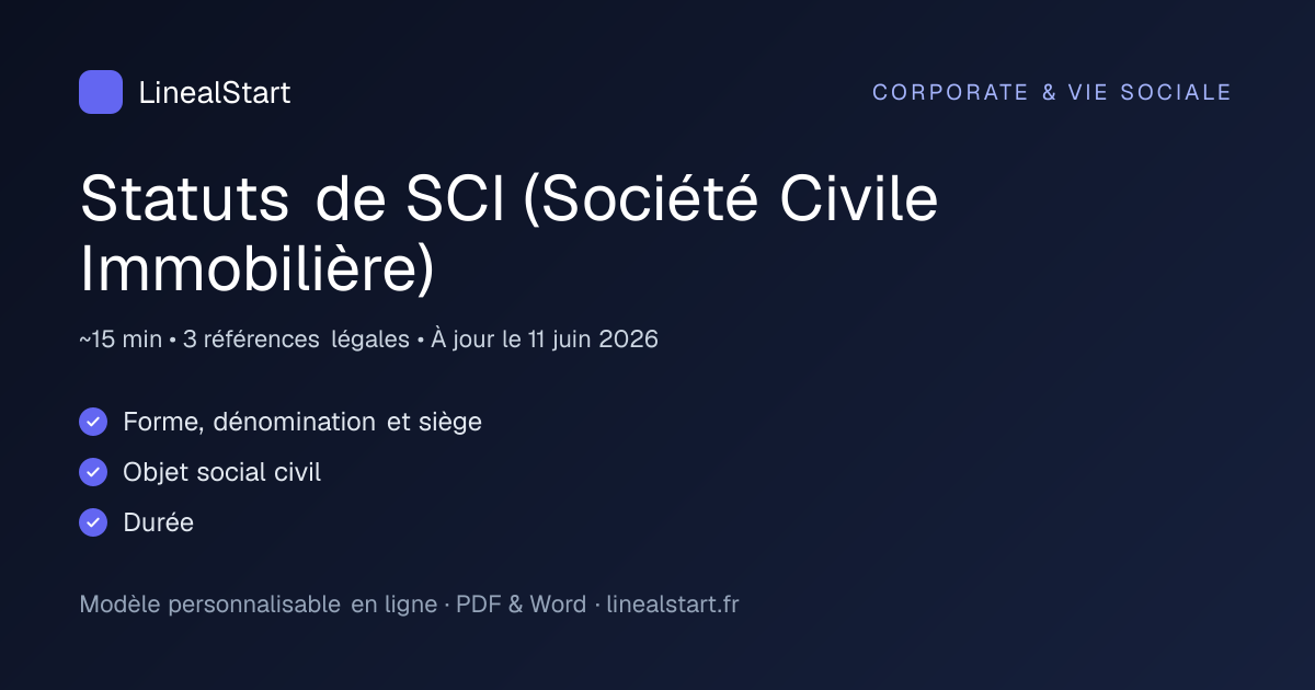 Infographie : Statuts de SCI (Société Civile Immobilière) — points clés, durée de personnalisation et nombre de références juridiques